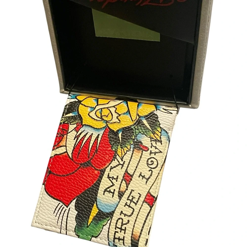 Ed Hardy White Tattoo-Print Bi-Fold Wallet with Red & Yellow Accents